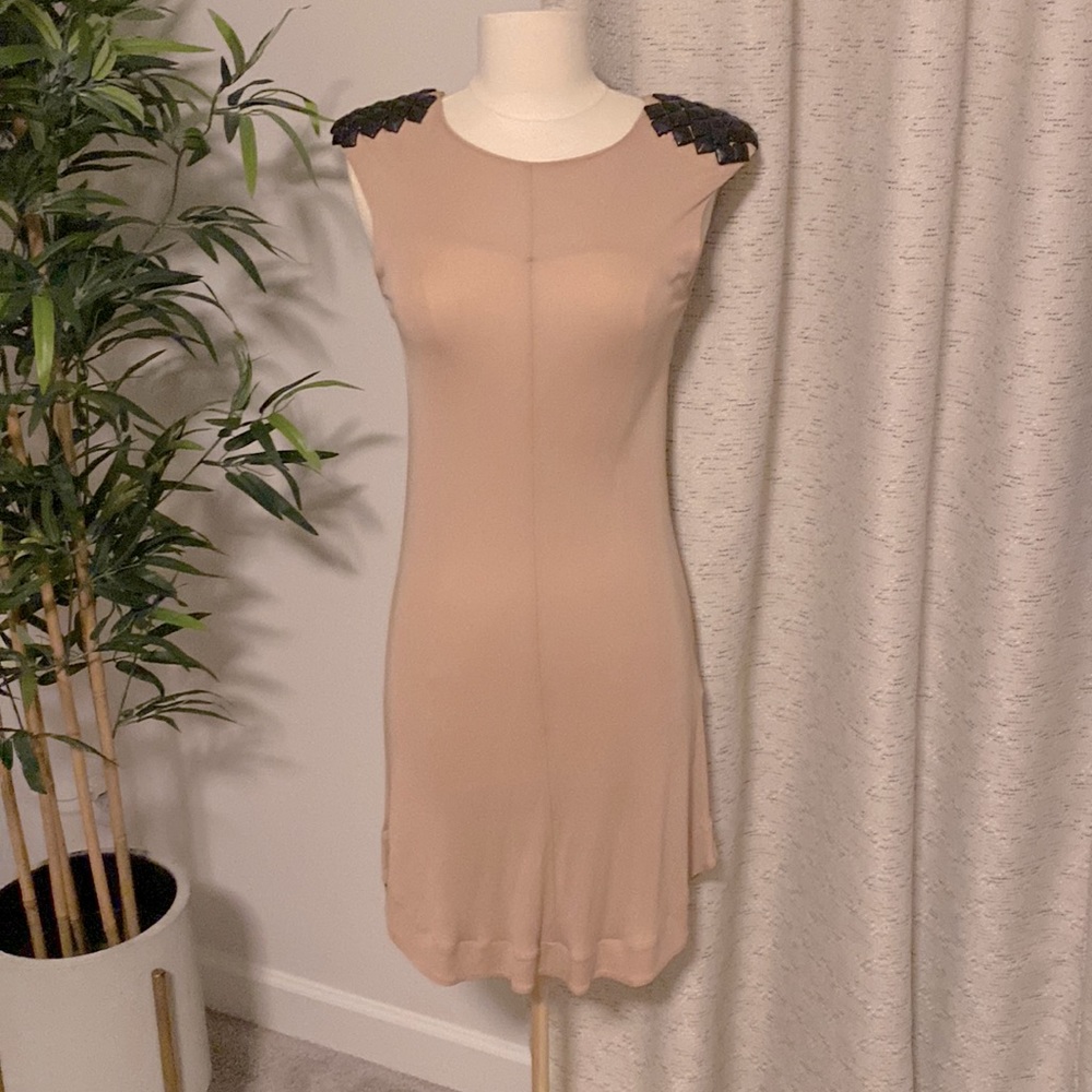 Nude mini dress with leather shoulder accents